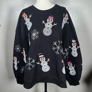 NWT Queen Of Sparkles Black Bead And Sequins Snowman Christmas Sweatshirt Sz M